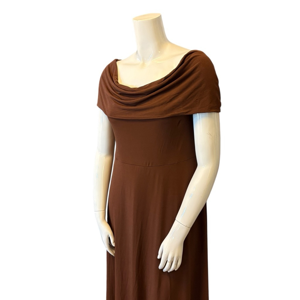 ELOQUII On or Off Shoulder Brown Maxi Dress Ruched Stretch Knit, Plus 18 - Picture 3 of 16